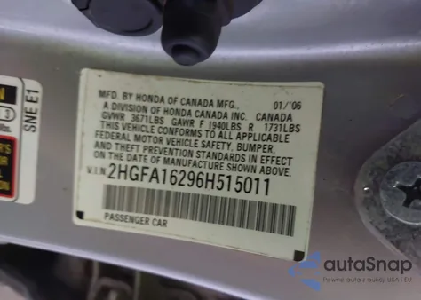 2006 Honda Civic Dx z USA, uszkodzony, nr VIN 2HGFA16296H515011